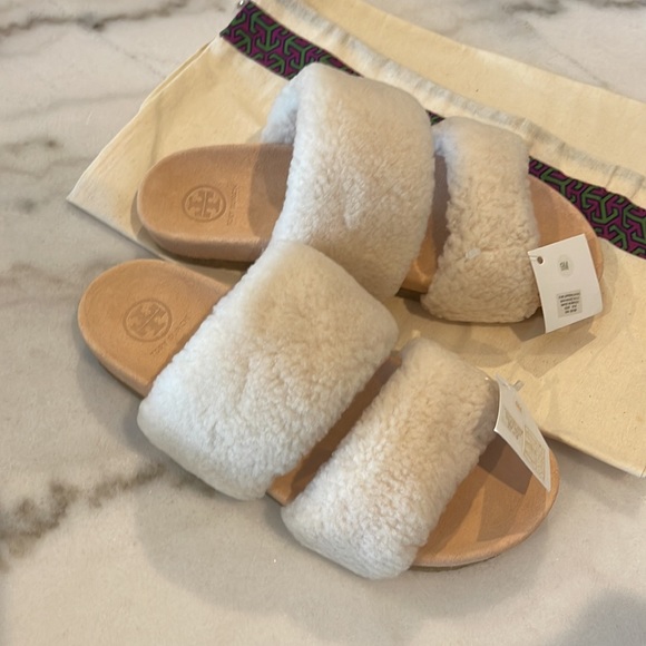 Gently Used Tory Burch Fur slippers Beige sz 9 Sheldon Shearling Two Band Slide - Picture 5 of 14